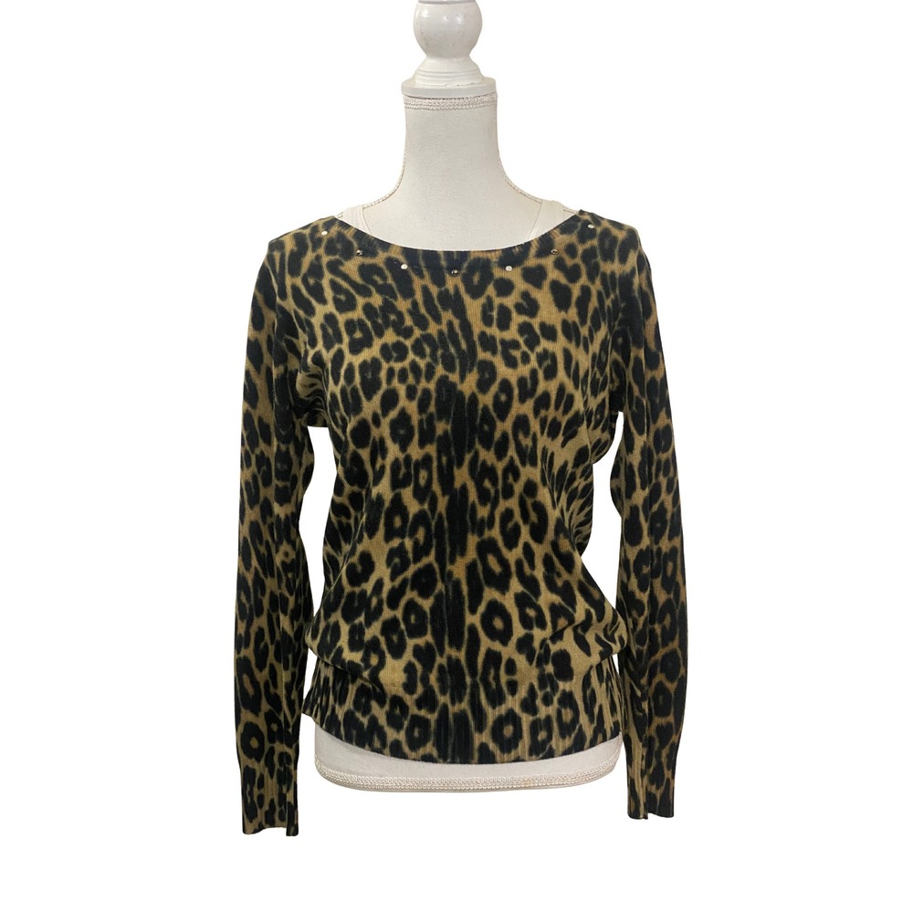 CHRISTINE ALEXANDER Women Animal Print Rhinestone Crew Neck Sweater Top Medium